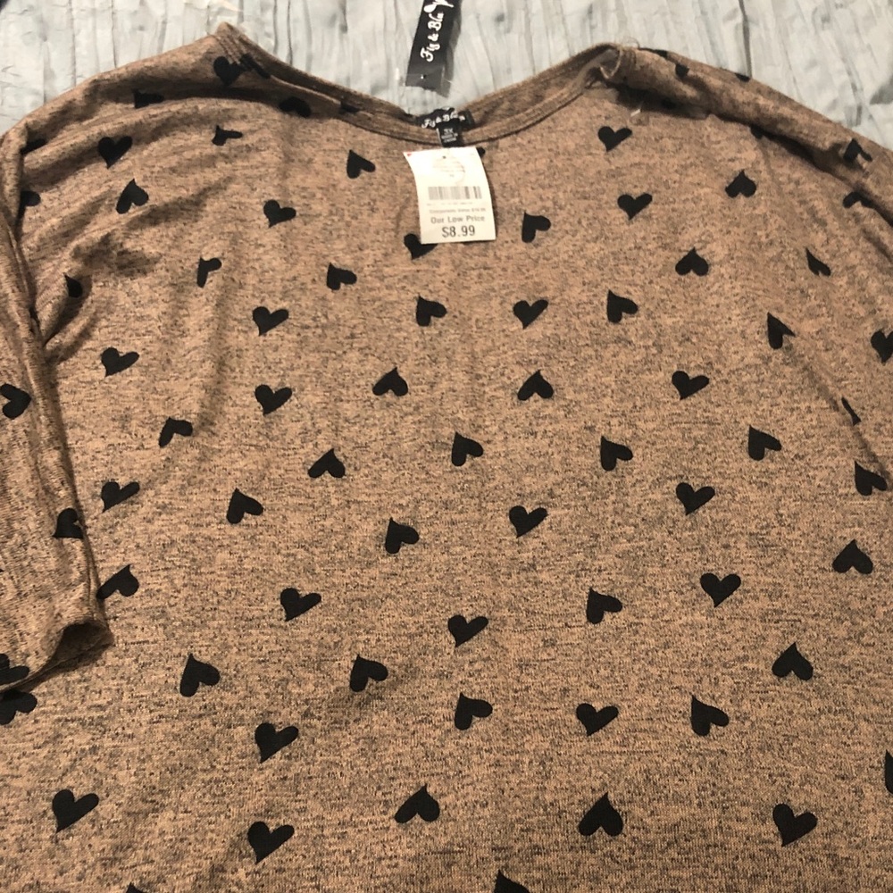 Brown Top with Black Heart Pattern